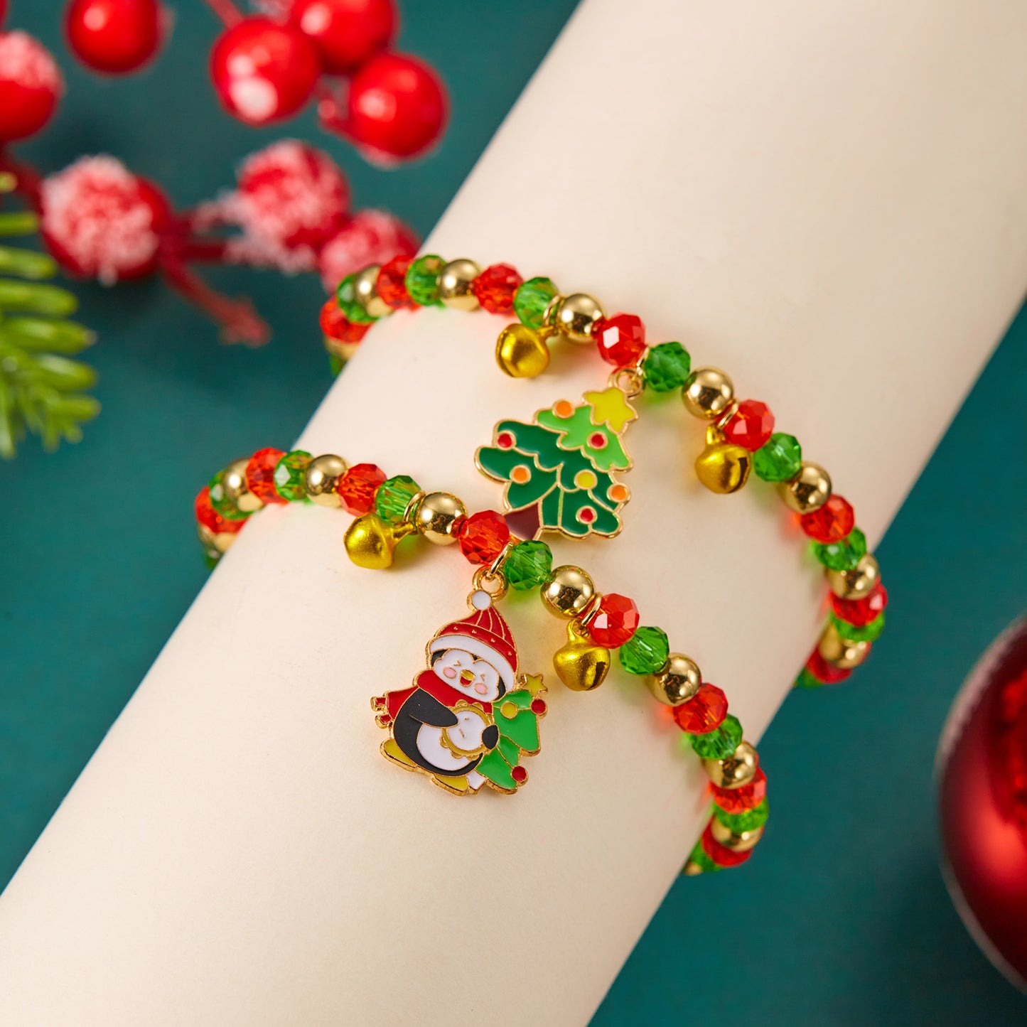 Women's Santa Claus Red Green Crystal String Bracelets