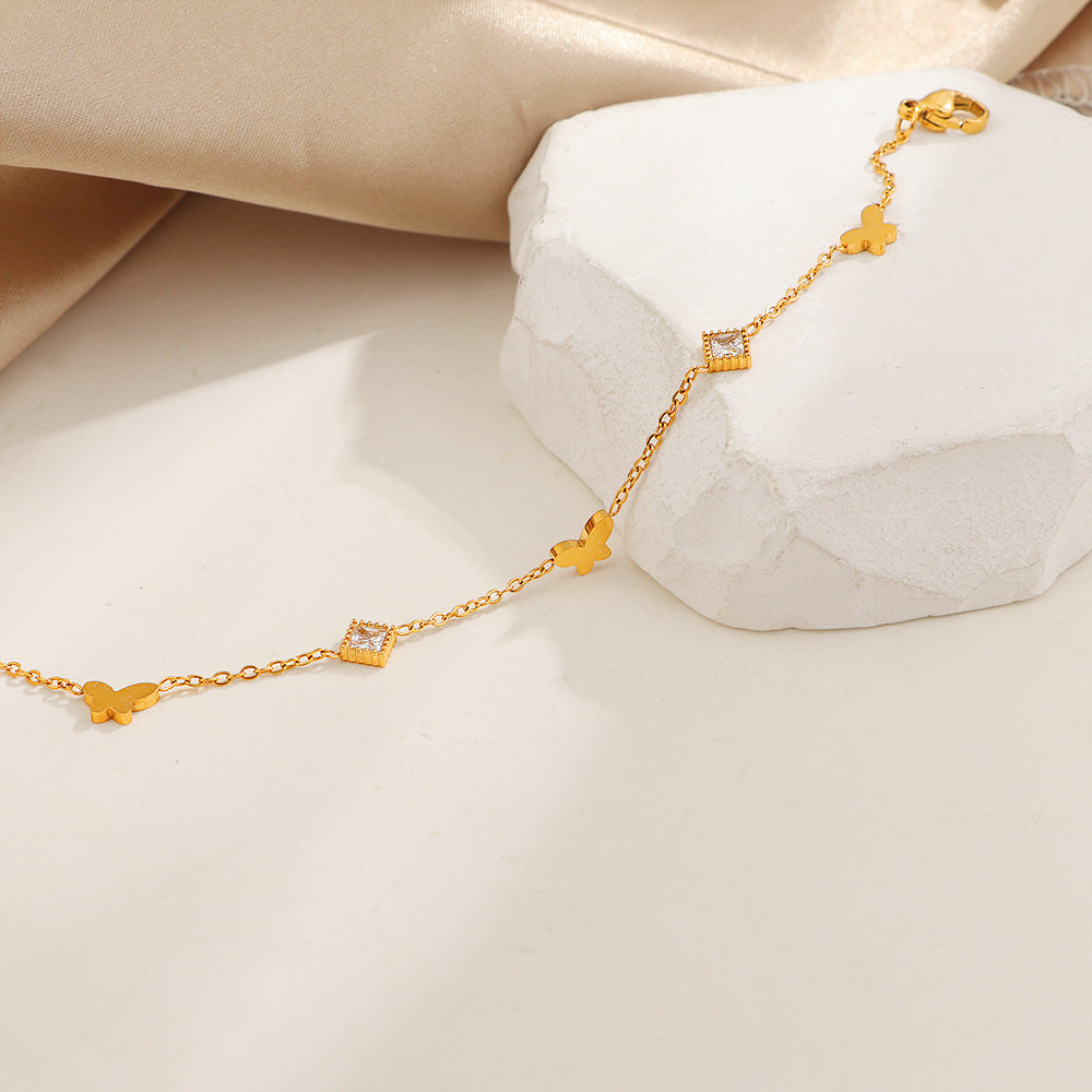 Exquisite Thin Rhombus Rhinestone Butterfly Titanium Steel Bracelet