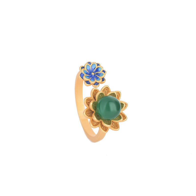 Women's Enamel Craft Lotus Chalcedony Agate Vintage Ring