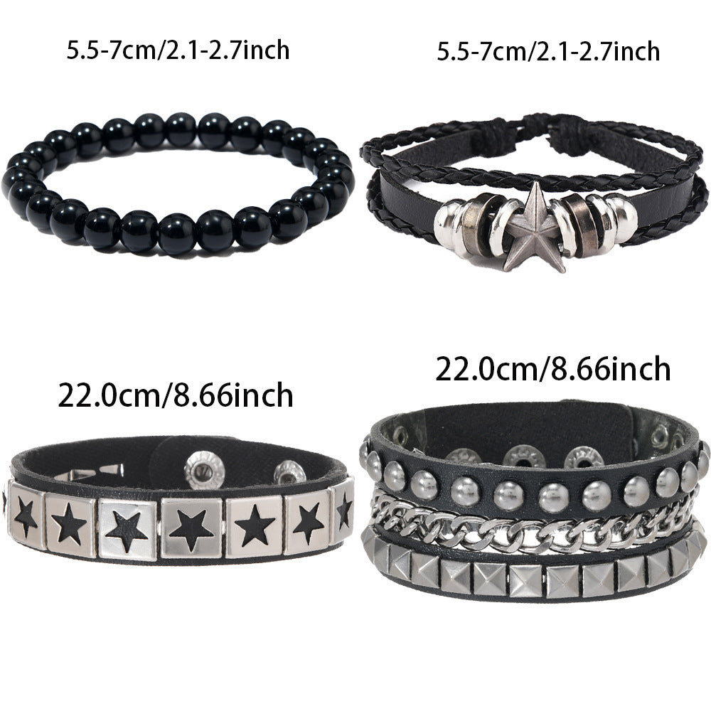 Men's Fashion Width Leather Domineering Personalized Alloy Five-pointed Bracelet