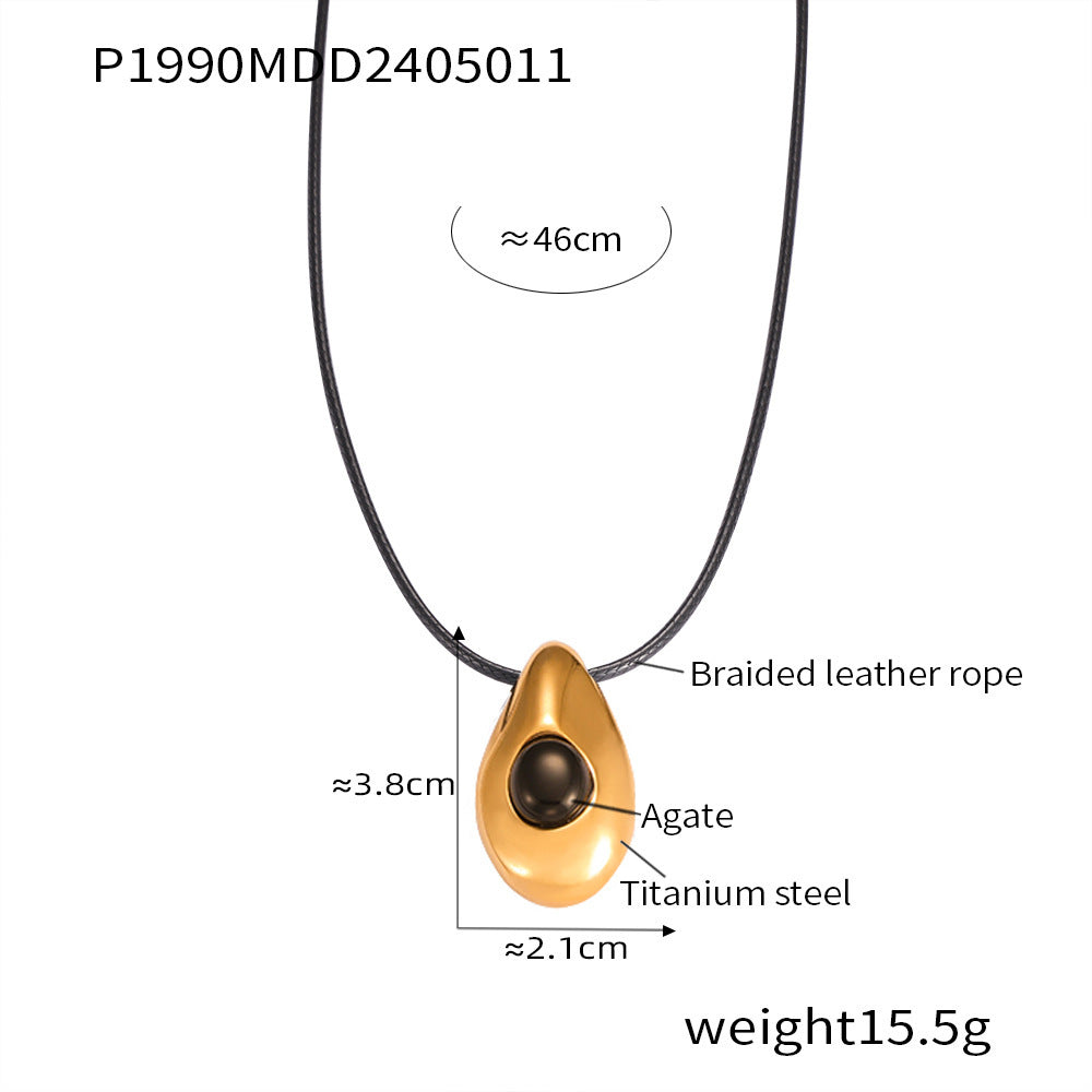 Minority Leather Rope Ornament Water Drop Design Titanium Necklaces