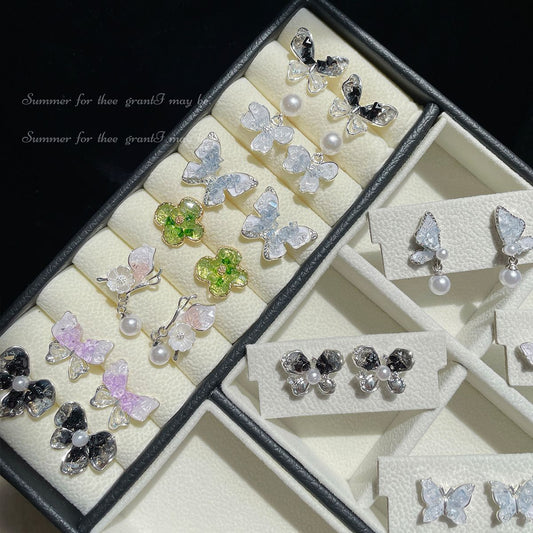 Women's Gradient Crystal Bow Sier Needle Light Luxury Pearl Butterfly Earrings