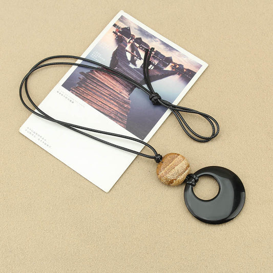 Women's Obsidian Circle Black Rope Long Chinese Style High Necklaces