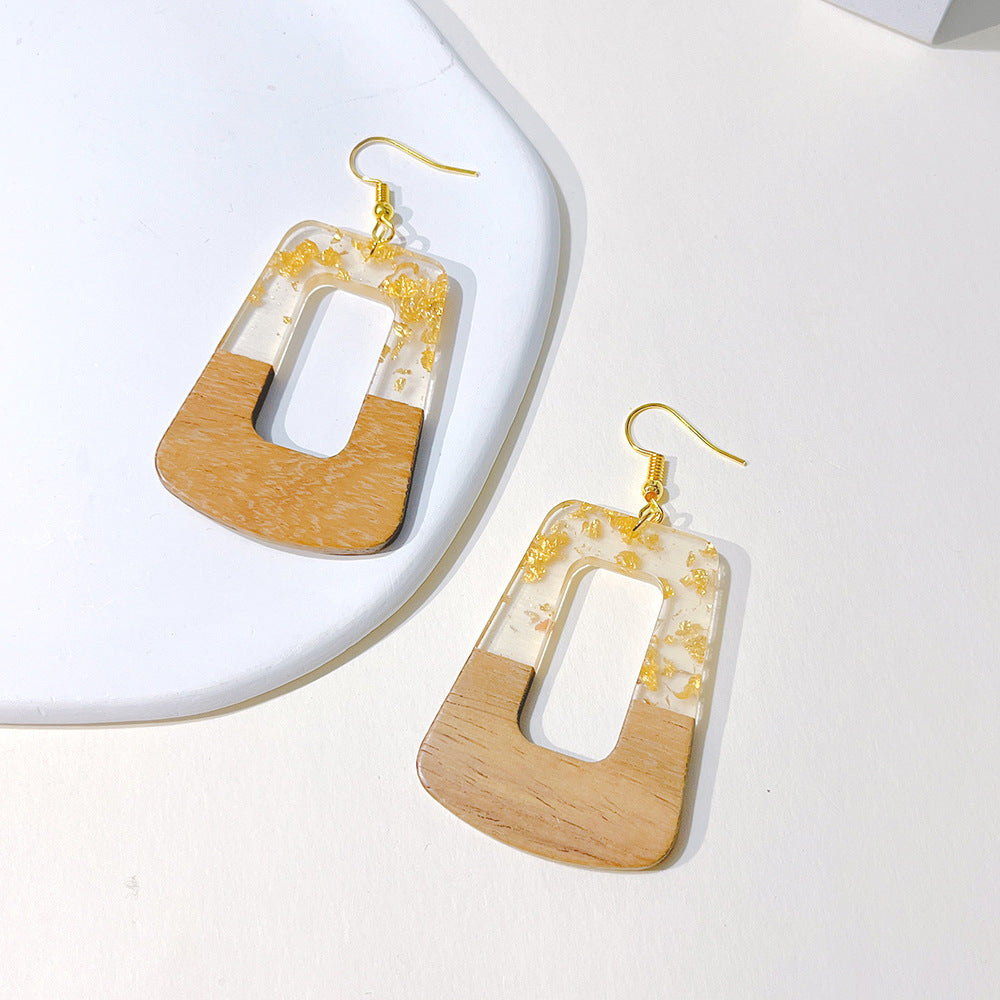 Women's Color Matching Wooden Gold Foil Geometric Earrings