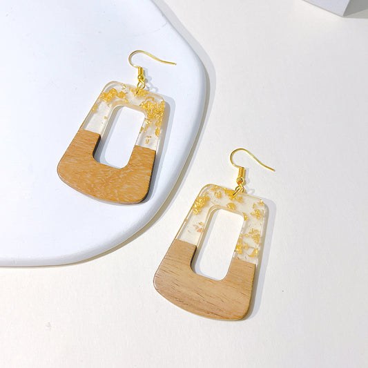 Women's Color Matching Wooden Gold Foil Geometric Earrings