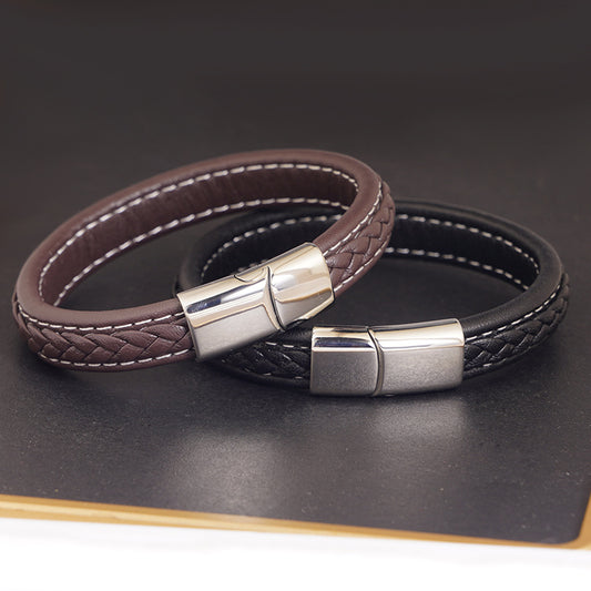 Men's Steel Stainless Magnetic Snap Genuine Leather Rope Bracelets