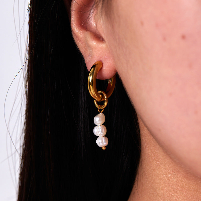 Water Pearl Fashion Stainless Steel Gold Earrings