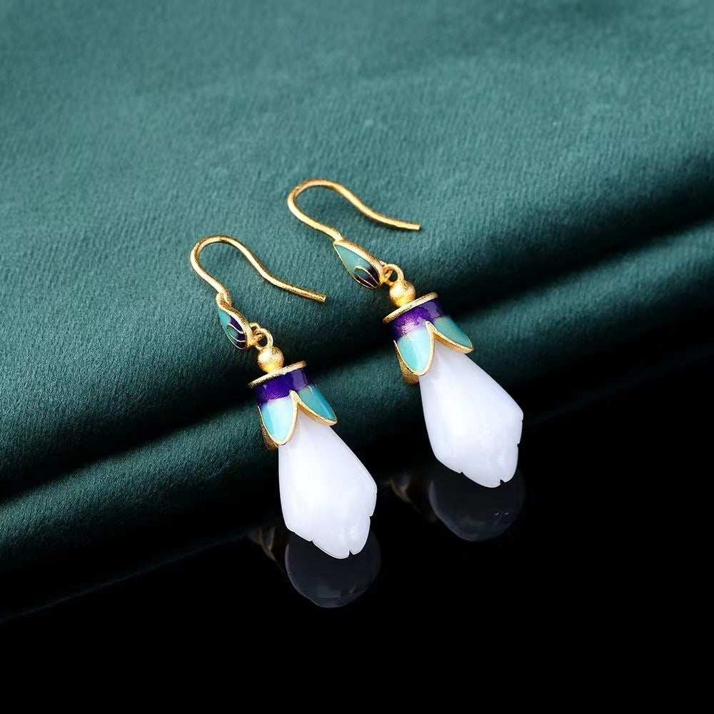 Imitation Jade Epoxy Magnolia National Style Earrings