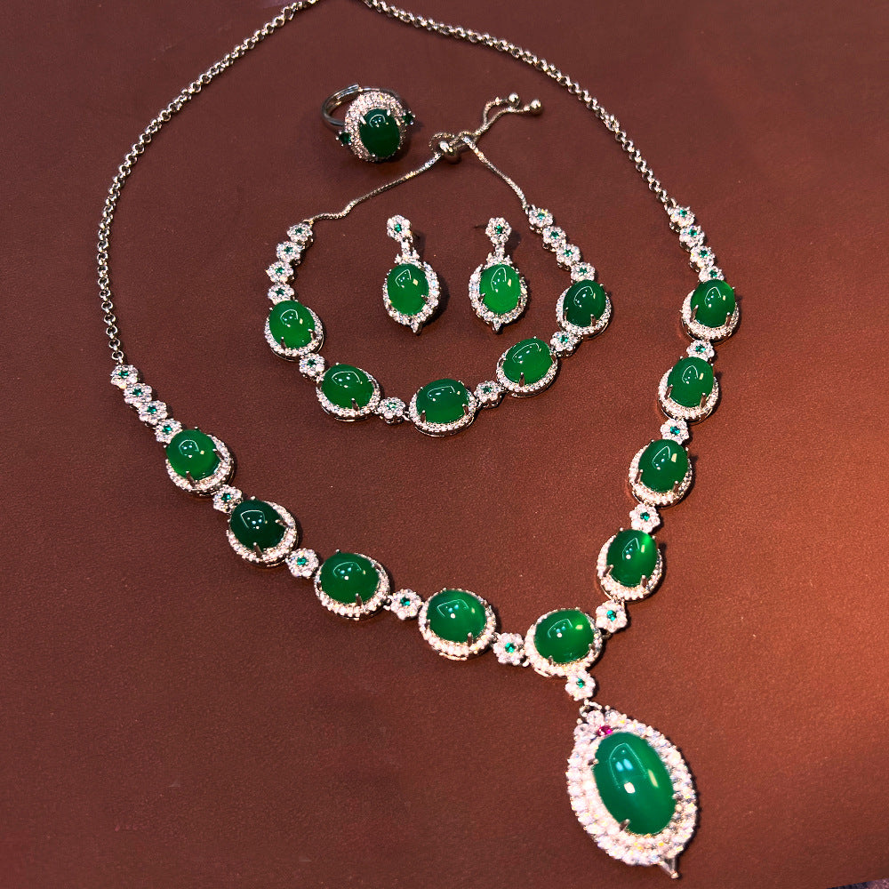 Chinese Sapphire Chalcedony Retro Court Sier Jewelry Set