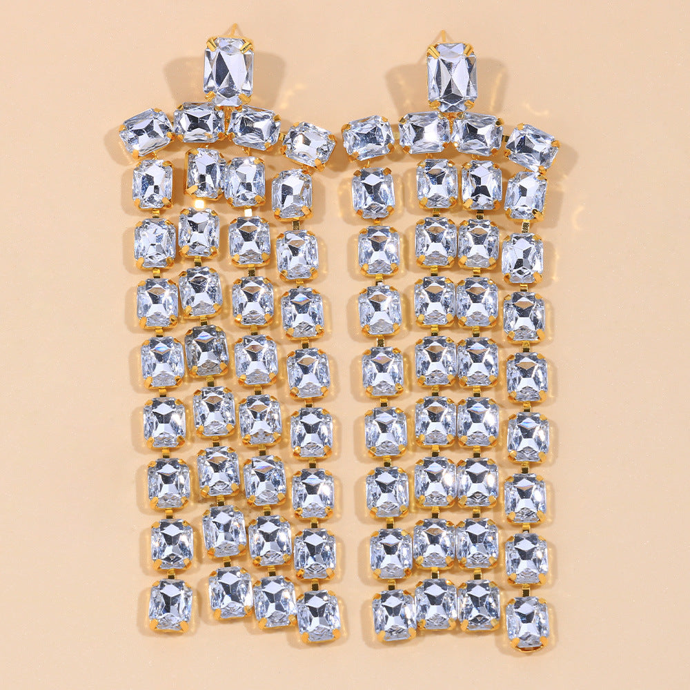 Women's Ornament Full Diamond Square Long Strip Earrings