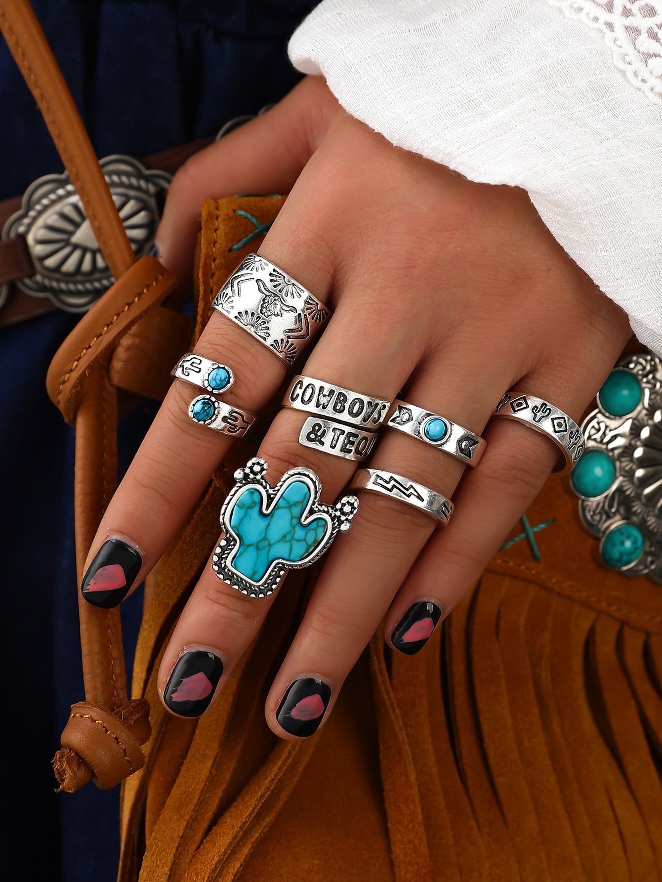 Vintage Boho Turquoise Cactus Carved Multiple Rings