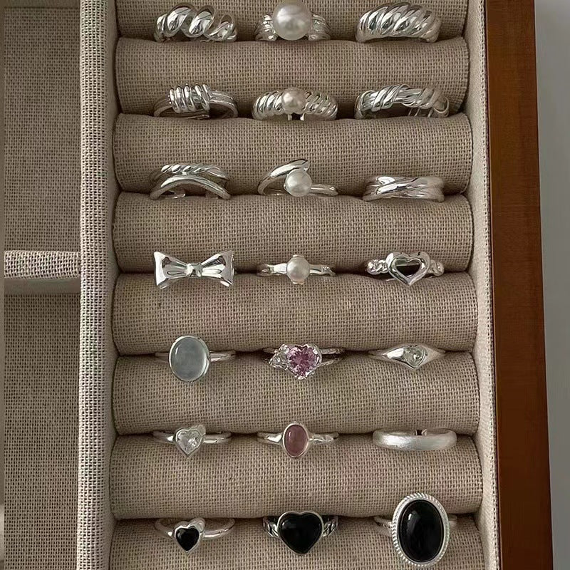 Luxury Simple Black Agate Female Niche Retro Rings