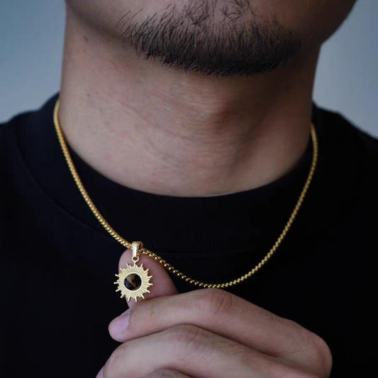 Women's & Men's Gold Sunflower Tigereye Inlaid Titanium Steel Necklaces