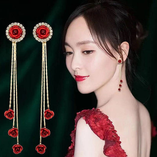 Women's Needle Red Rose Tassel For Trendy Korean Style Simple Design Earrings