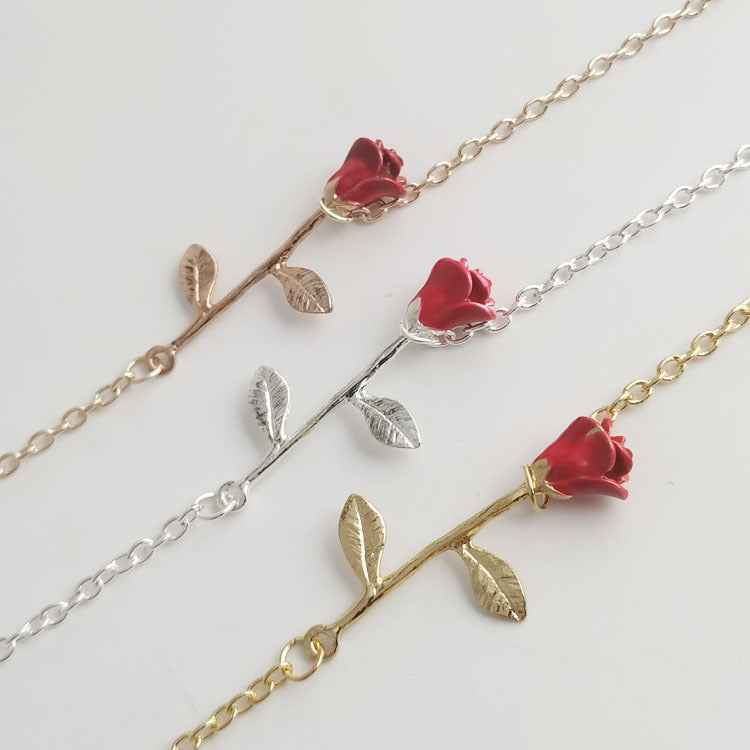 Red Rose Simple Graceful Sweet Flowers Bracelet