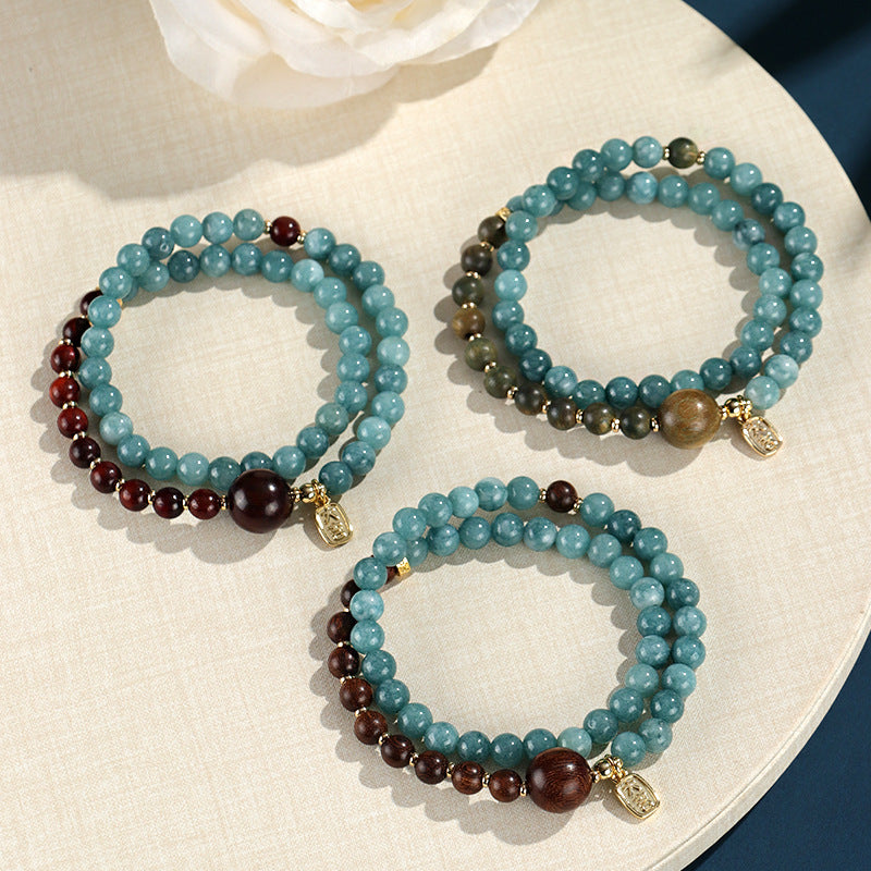 Women's & Men's Chinese Style Blue Chalcedony Gold Sandalwood Bracelets