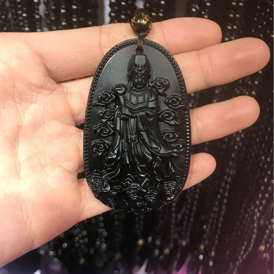 Men's Obsidian Pi Avalokitesvara Buddha Smooth Glass Necklaces