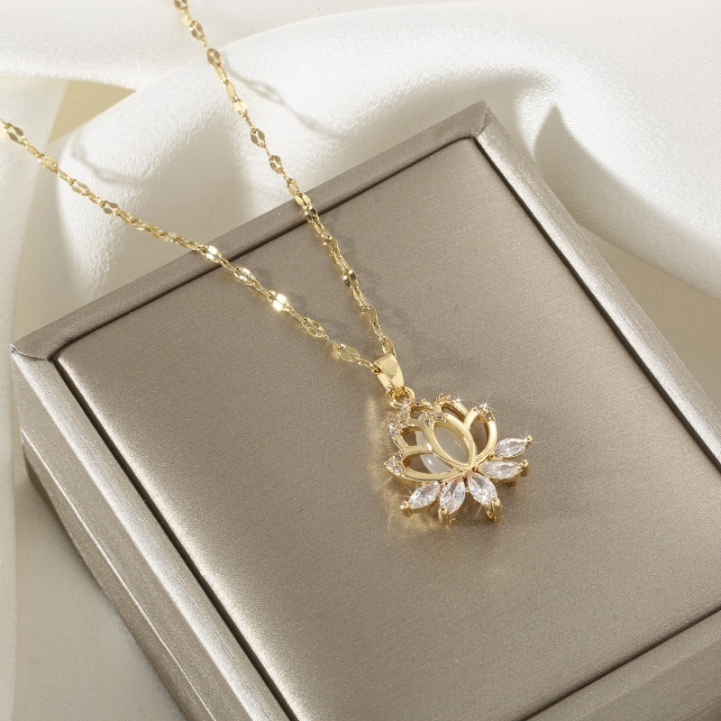 Lip Chain Grid Copper Micro Inlay Opal Lotus Temperament Entry Necklace
