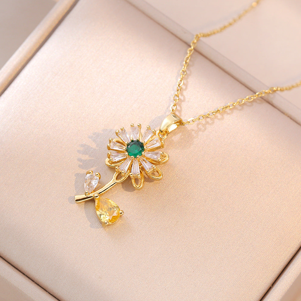Women's Fashion Zircon Rotatable Emerald Sunflower Design Necklace