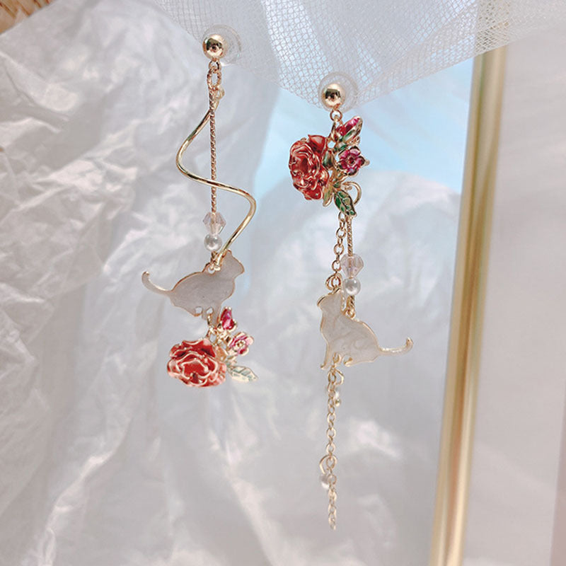 Women's Flower Long Red Rose Rhinestone Tassel Earrings