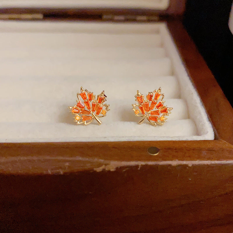 Sparkling Full Rhinestone Maple Leaf Simple Earrings