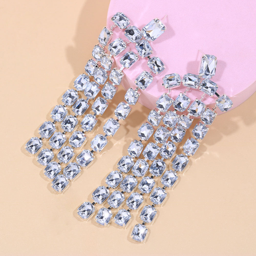 Women's Ornament Full Diamond Square Long Strip Earrings