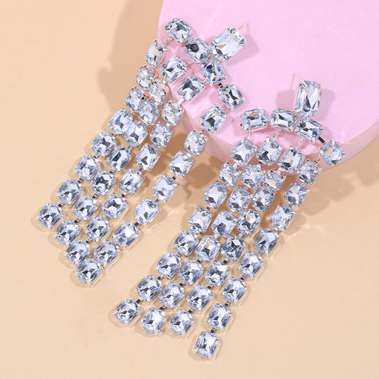 Women's Ornament Full Diamond Square Long Strip Earrings