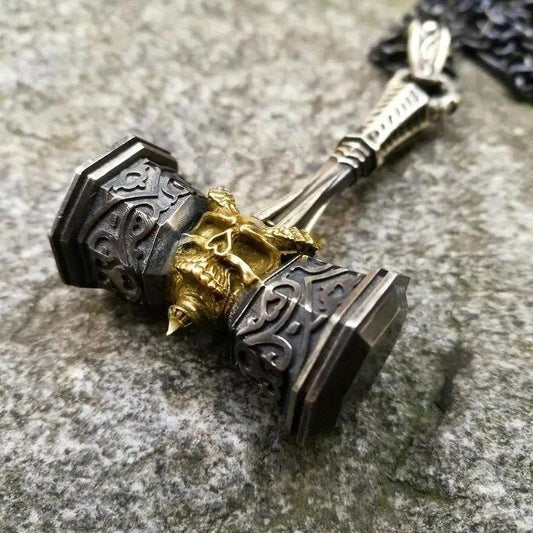 Viking Gold Skull Hammer Charm Punk Necklaces