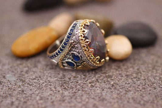 Men's Vintage Colored Gemstone Two-color Gold-plated Wide Rings