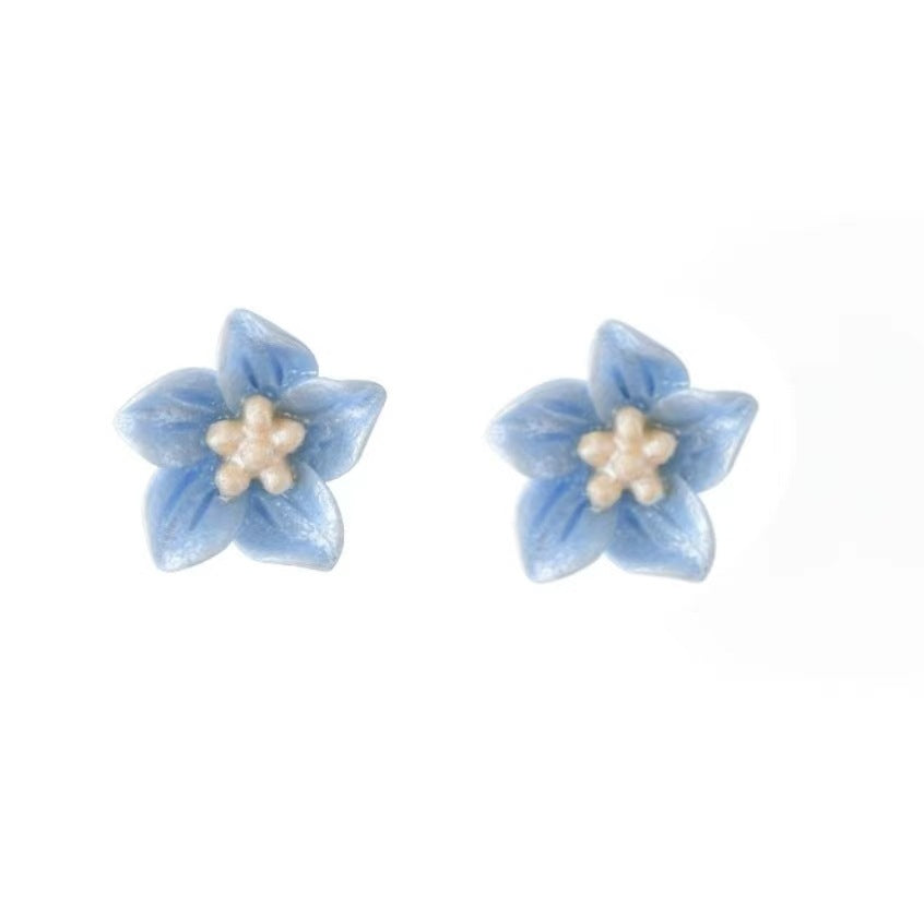 Blue Fresh Resin Small Flower Ear Sweet Cute Sier Earrings