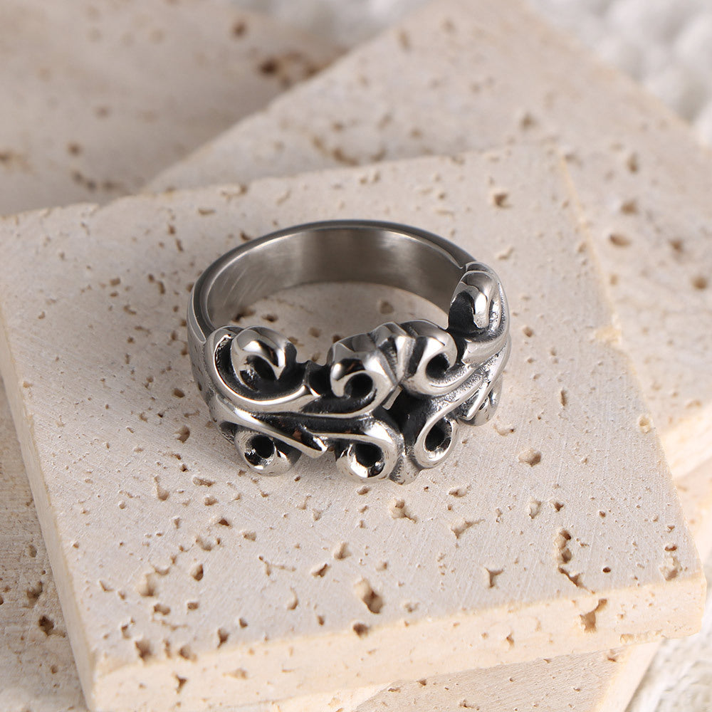 Titanium Steel Carved Hollow Couple Punk Large Ring