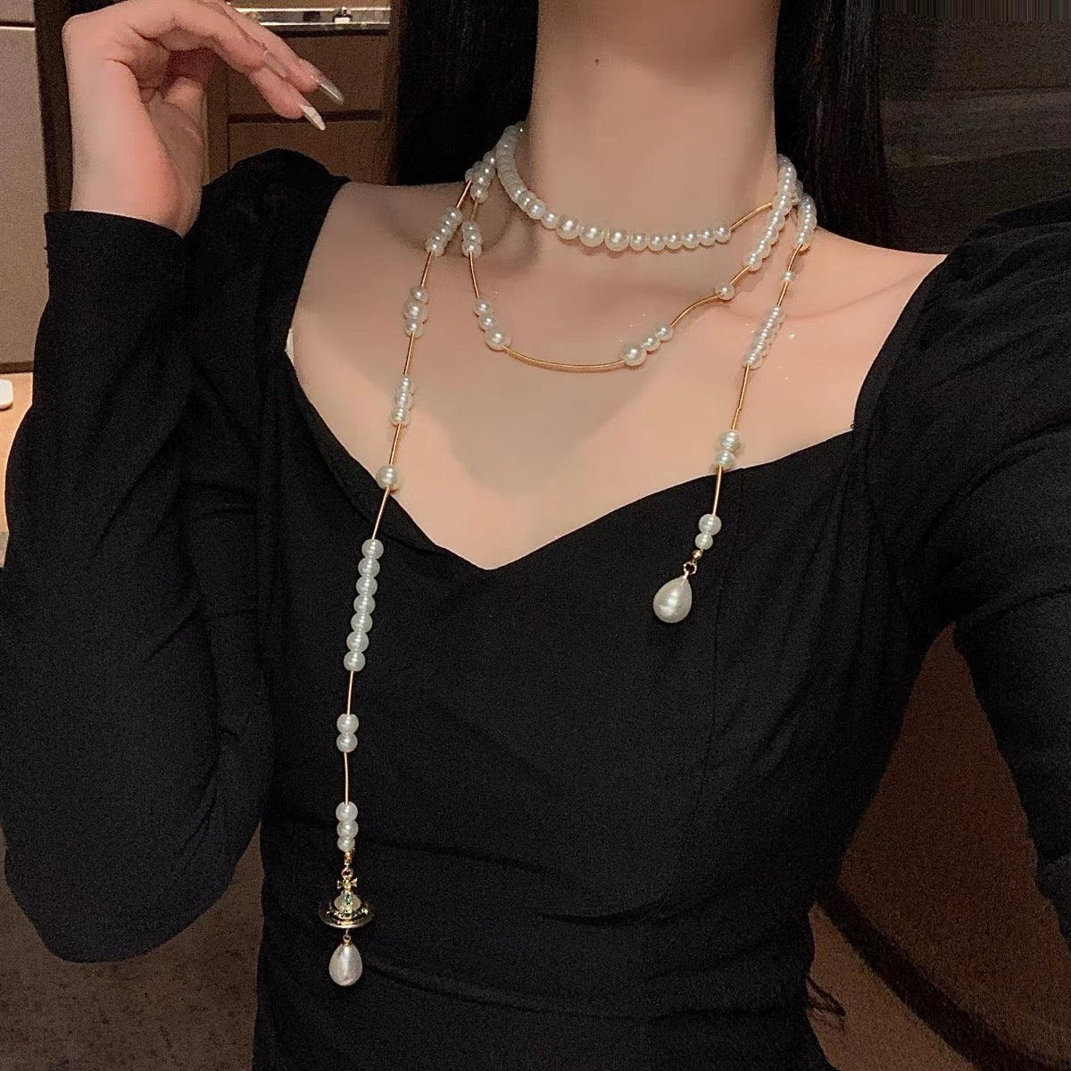 Light Luxury Temperament Pearl Tassel Saturn Necklaces