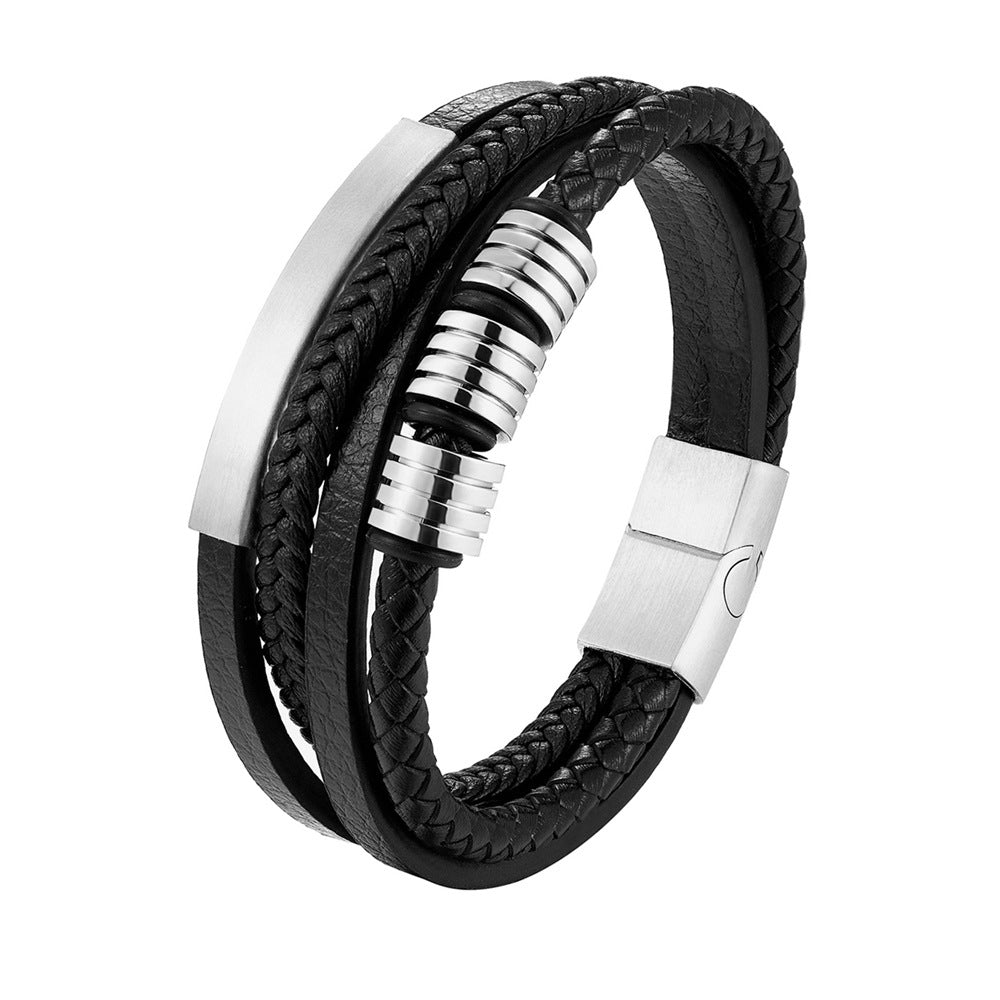 Men's Popular Titanium Steel Authentic Leather Weave Bracelet