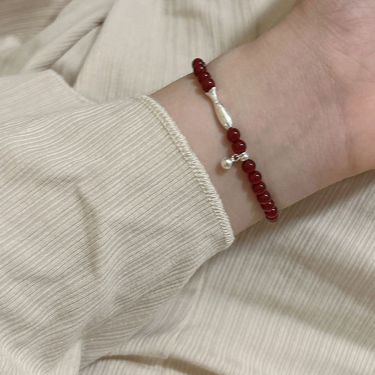 Women's Red Agate Beaded Elastic String Light Bracelets