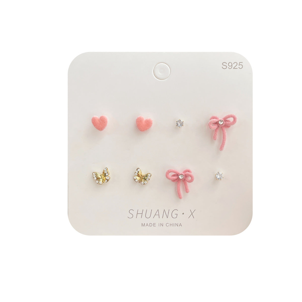 Sweet Bow Flocking Pcs Set Sier Needle Heart-shaped Earrings