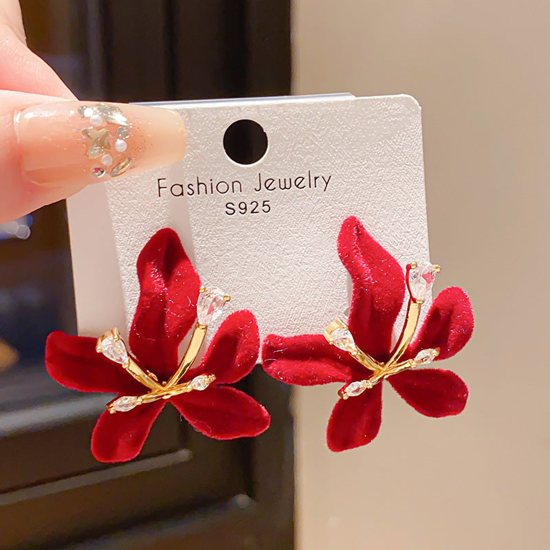 Women's Sier Needle Zircon Life Red Pony Light Luxury Earrings