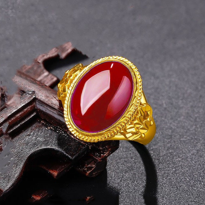 Gold Inlaid Natural Agate Jade Green Chalcedony Retro Fashion With Rings