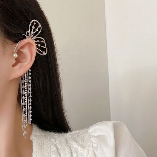 Women's Butterfly Tassel Pearl Rhinestone Ear Hanging Earrings