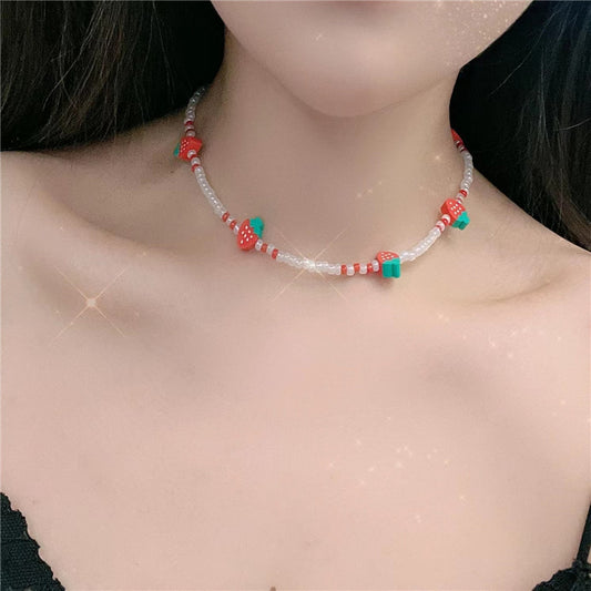 Stringed Polymer Clay Strawberry Twin Sweet Mori Niche Design Necklaces
