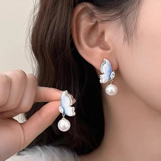 Pearl Dripping Oil Gradient Butterfly Female Fashion Earrings