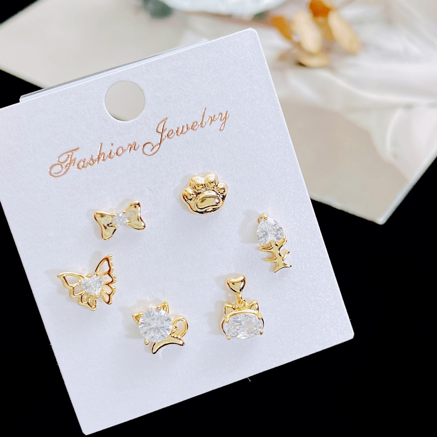 Women's Rhinestone Pearl Three Pairs Storage Ear Earrings