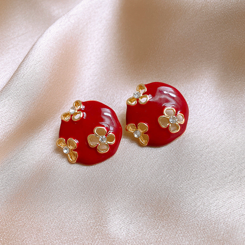 Women's Sier Needle Red Irregular Ear Retro Exaggerated Earrings