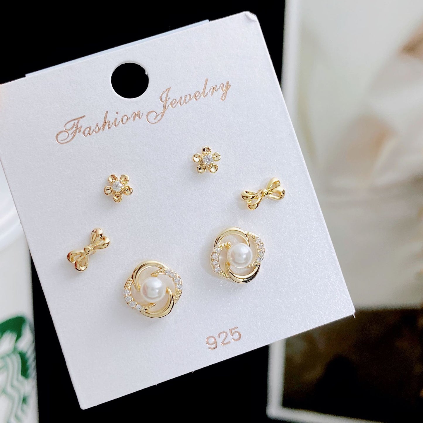 Women's Rhinestone Pearl Three Pairs Storage Ear Earrings