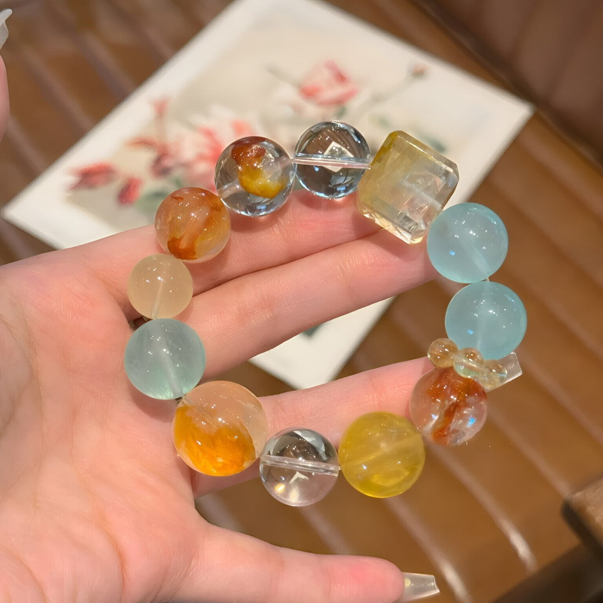 Women's Moon Natural Red Sealant Olive Green Fluorite Bracelet