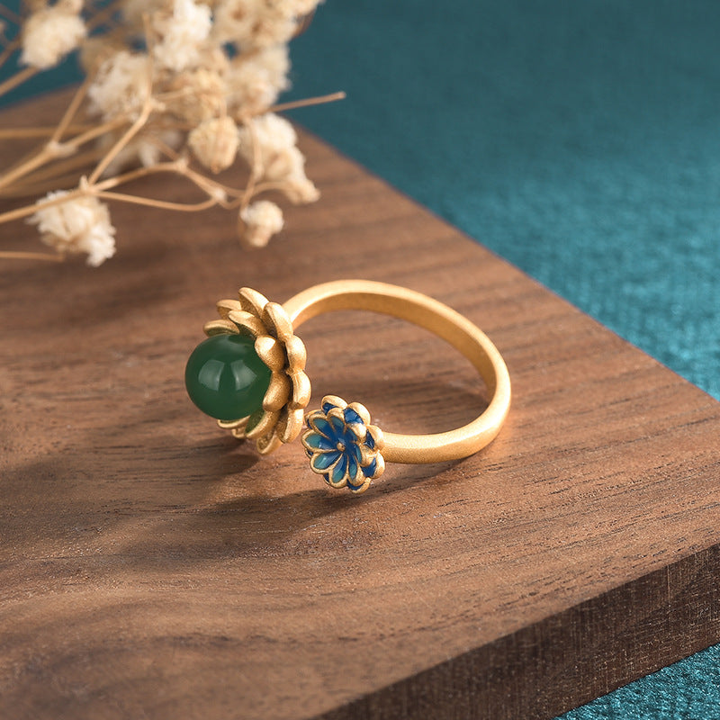 Women's Enamel Craft Lotus Chalcedony Agate Vintage Ring