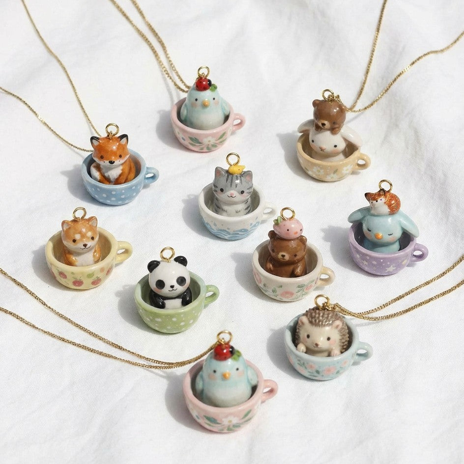 Tea Cup Animal Series Fox Penguin Rabbit Panda Pendant