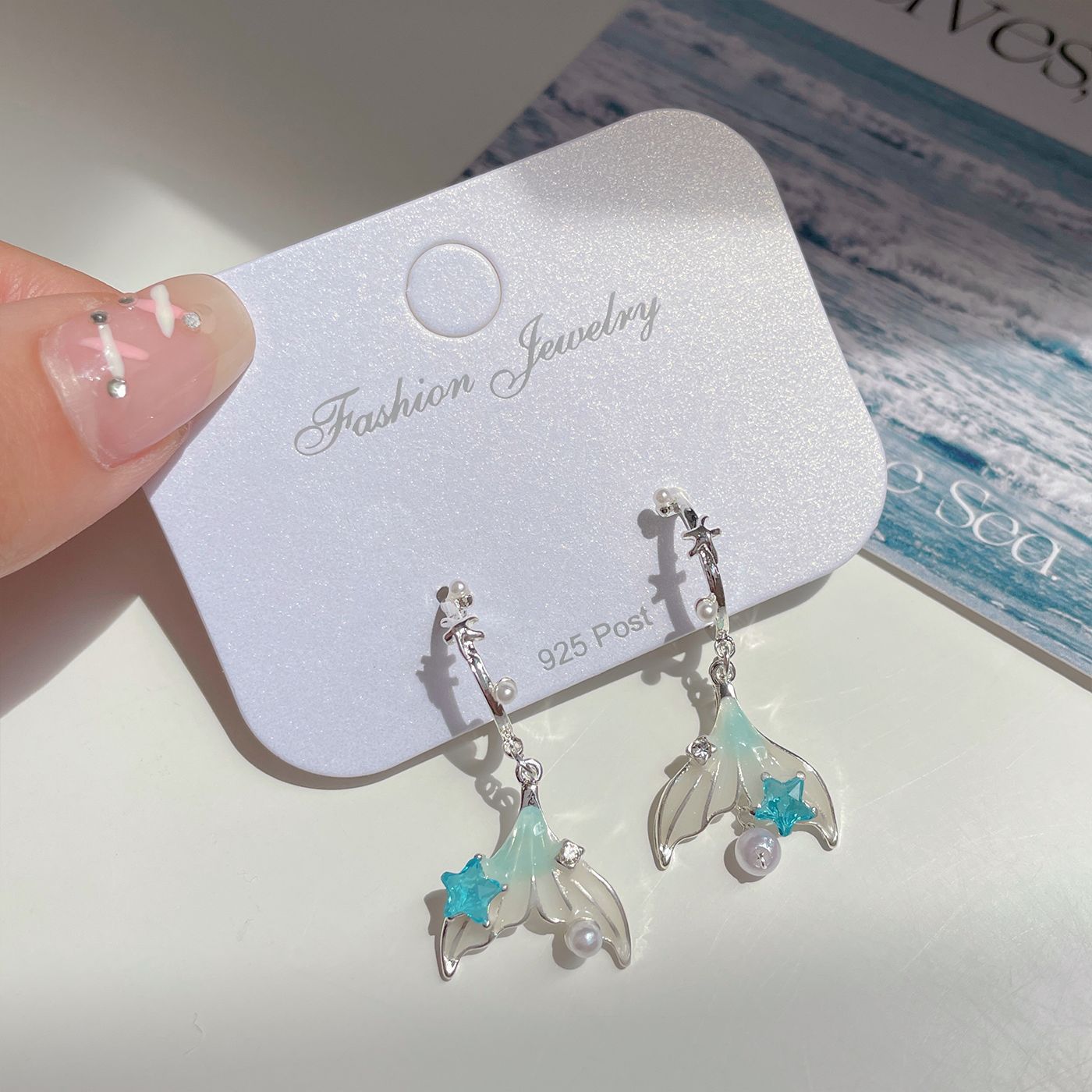 Series Blue Female Sier Needle Simple Shell Seaside Vacation Earrings