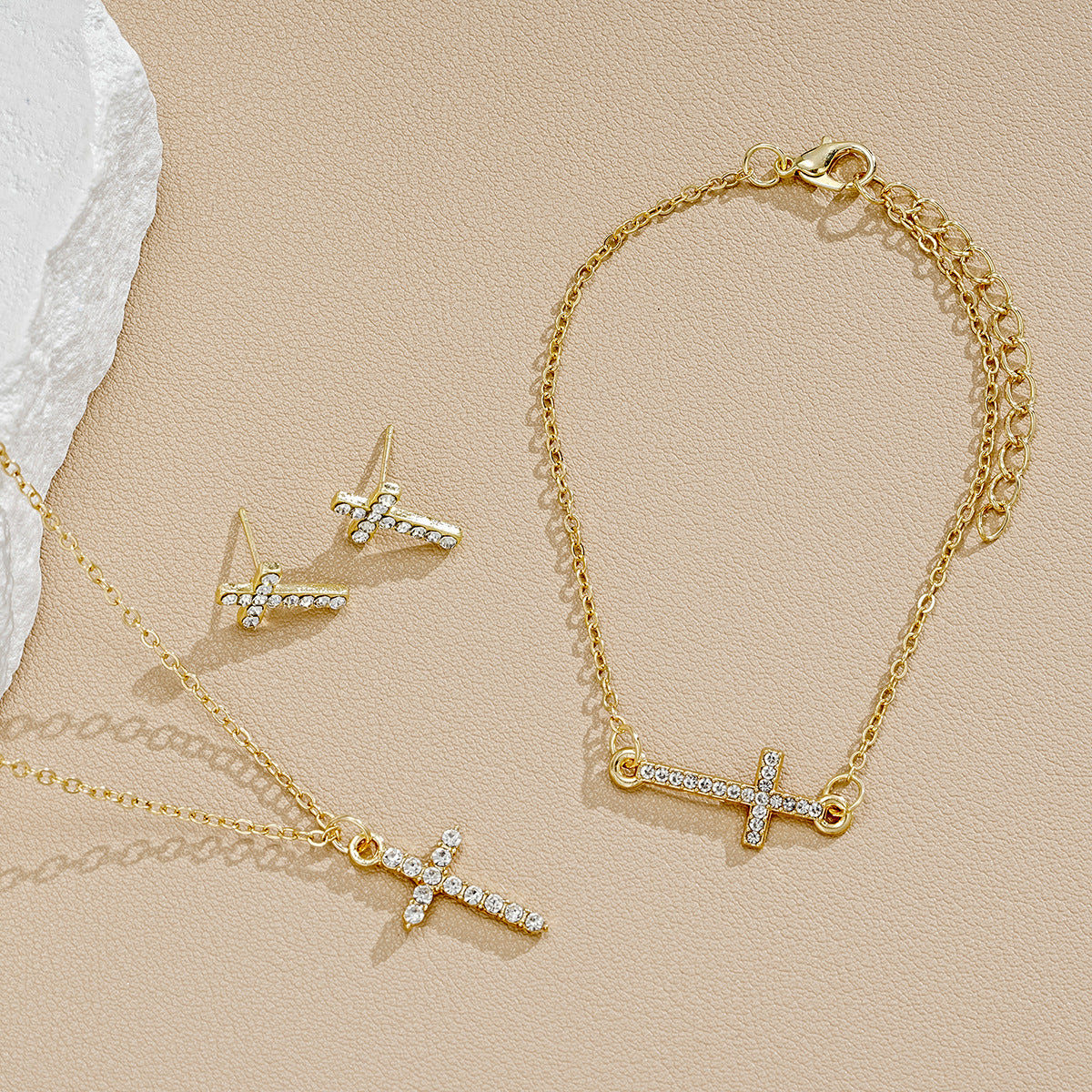 Creative Simple Point Rhinestone Cross Three-piece Earrings