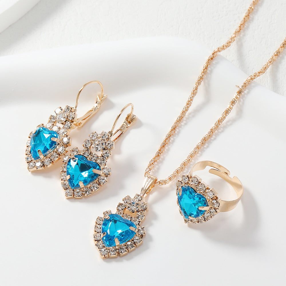 Rose Red Lake Blue Three-piece Rhinestone Necklaces