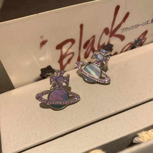 Fritillary Saturn Full Diamond Colorful Natural Shell Earrings